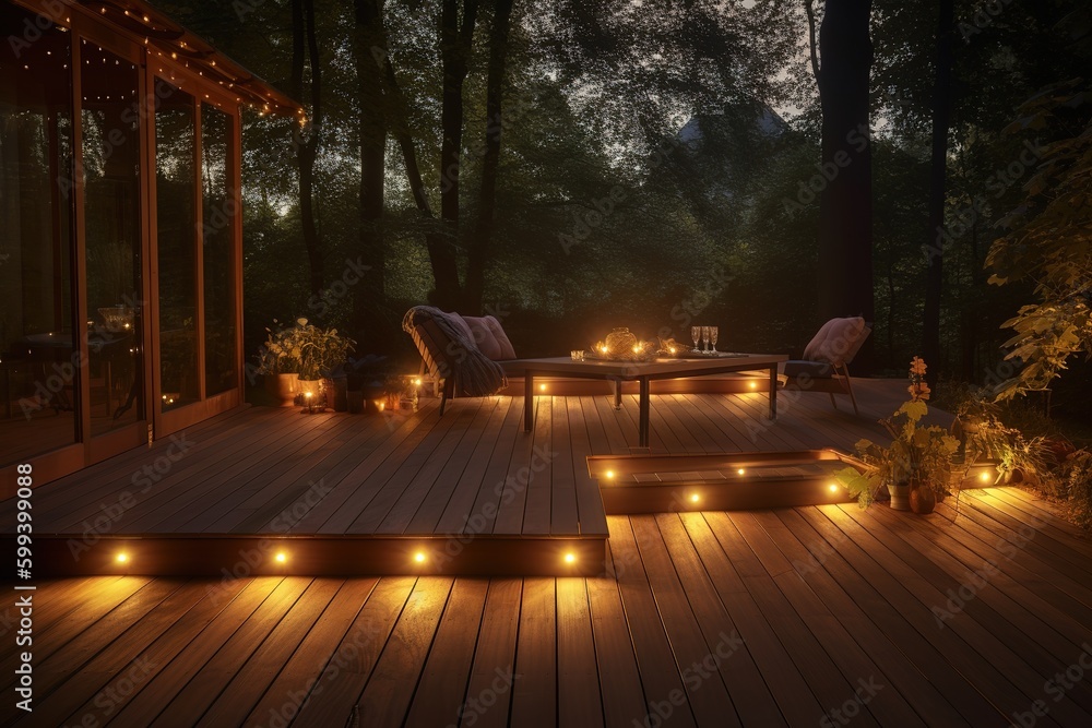 Poster a terrace that is lighted up with torches and is furnished with seats generative ai