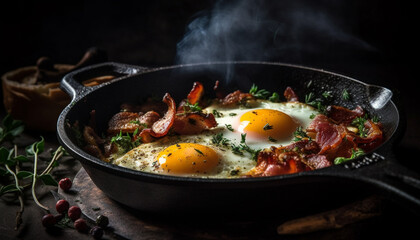 Freshly cooked gourmet pork meal on cast iron generated by AI