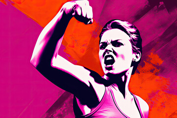 Naklejka na ściany i meble Portrait of a woman shouting with fist up in air, pop art style with red and orange background, generative ai illustration