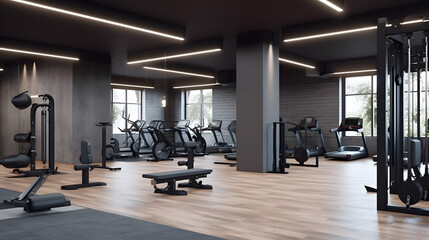 Fototapeta na wymiar Modern gym interior with sport and fitness equipment, fitness center inteior, inteior of crossfit and workout gym.