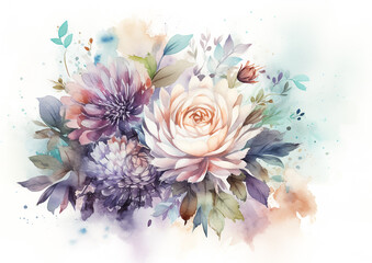 Watercolor romantic and beautiful flowers in bright background generative AI