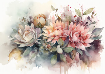 Watercolor romantic and beautiful flowers in bright background generative AI