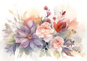 Watercolor romantic and beautiful flowers in bright background generative AI