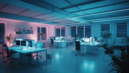 Modern office design with blue lighting equipment generated by AI