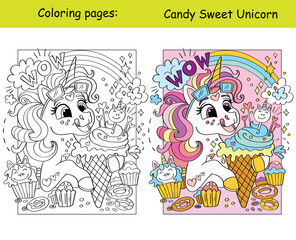 Fototapeta premium Funny unicorn eats ice cream coloring and template vector
