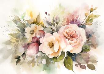 Watercolor romantic and beautiful flowers in bright background generative AI