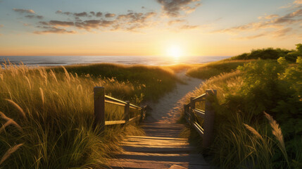 Sunset Path to the Ocean Beach Through Tall Grass. Generative AI