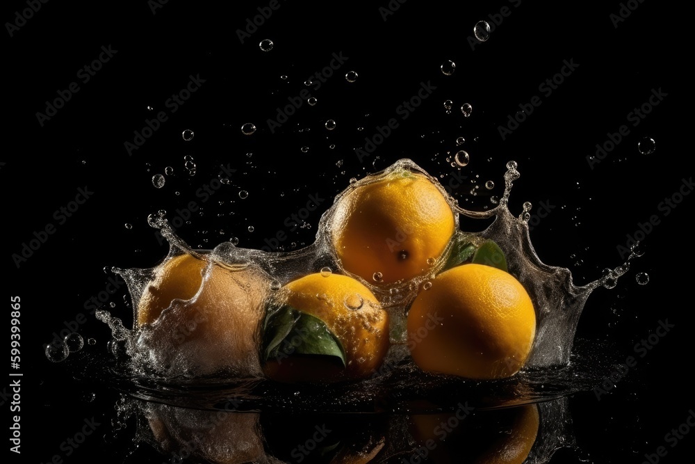 Poster oranges falling into water, creating a splash effect generative ai