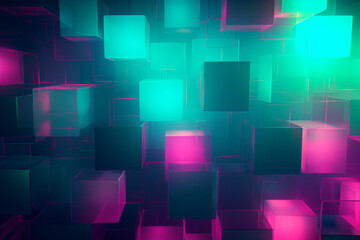 Digital background with bright fuchsia lighting neon purple pink blue squares Generative AI