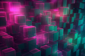 Digital background with bright fuchsia lighting neon purple pink blue squares Generative AI