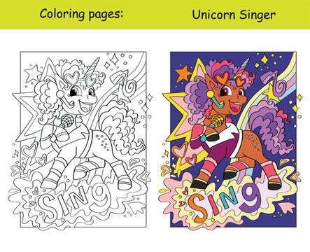 Cute unicorn singer coloring and template vector