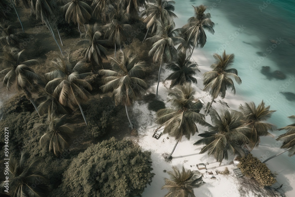 Poster an overhead perspective of a beach that has palm palms generative ai