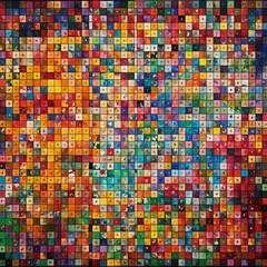 Fototapeta premium Abstract multicolored small squares graphic wallpaper. Colorful mosaics seamless pattern texture. Background for design as banner ads and presentation concept. 2D illustration. Generative AI