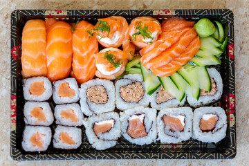 Traditional salmon sushi, typical Japanese food.