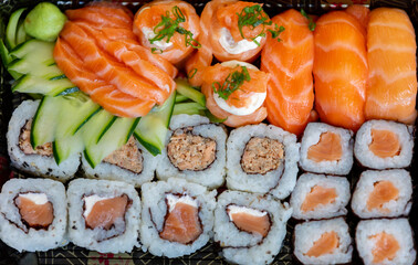 Traditional salmon sushi, typical Japanese food.