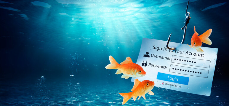 Phishing - Goldfishes Looking Login Account Screen With Fishing Hook - Risk Hacking Username And Password - Powered by Adobe