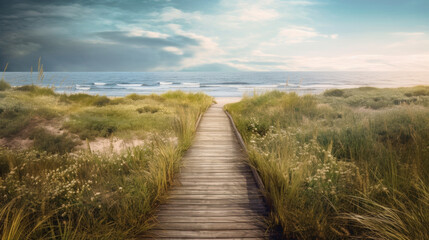 Obraz premium Serene Beach Path through Tall Grass. Generative AI