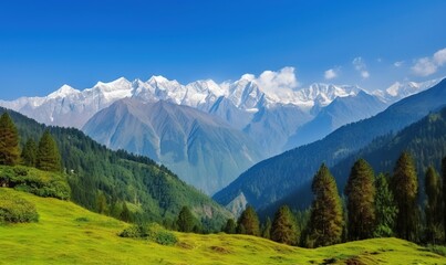 Fototapeta premium a mountain range with trees and grass in the foreground. generative ai