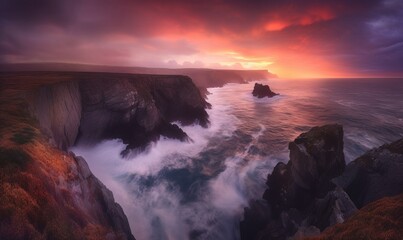 Obraz premium a large body of water near a rocky cliff under a cloudy sky. generative ai