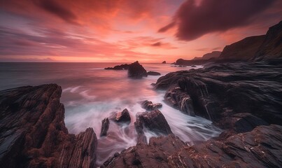 Fototapeta premium a long exposure of a sunset over the ocean with rocks. generative ai