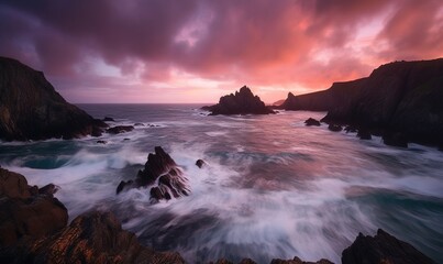 Fototapeta premium a sunset over the ocean with waves crashing on the rocks. generative ai