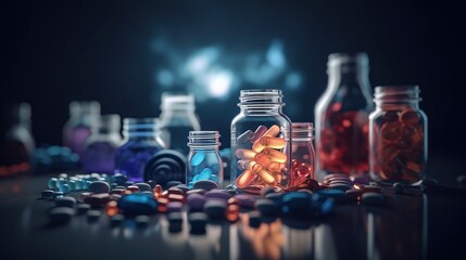 Capsules and pills, bottles for pharmaceutical and healthcare medication. Drug research labs concepts with copy space area. Generated with Ai tools.