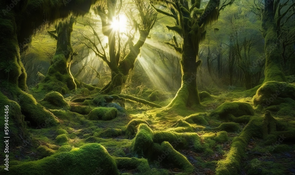 Poster a forest with moss covered trees and sunlight shining through the trees. generative ai