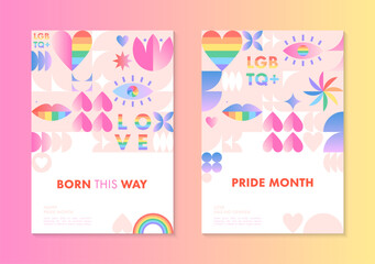 Fototapeta na wymiar Pride month posters templates.LGBTQ+ community vector illustrations in bauhaus style with geometric elements and rainbow lgbt symbols.Human rights movement concept.Gay parade.Colorful cover designs.