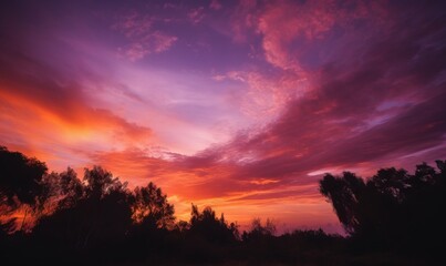 Fototapeta premium a purple and red sky with trees in the foreground. generative ai