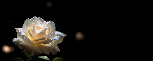 White Rose with Droplets isolated on Black Background Banner. Copy Space. AI Generative