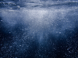 Bubbles under the sea in the crystal clear green sea water. Mediterranean bubbles. Real image very suitable for backgrounds, Rising Bubbles in Deep Underwater, Under with bubble. Great for background.