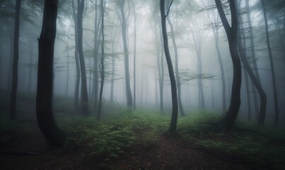 Obraz premium a foggy forest filled with lots of trees and grass. generative ai
