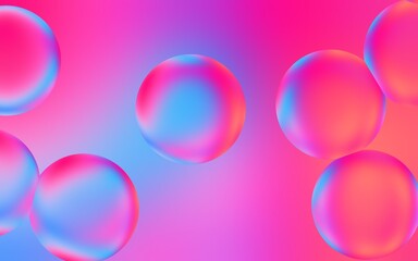 Artistic 3D water bubble background. 3D illustration of transparent bubble drops on smooth blue and pink gradient background. Smooth multicolor water bubbles. 