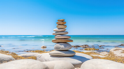 Fototapeta na wymiar Harmony at the Beach: Zen Stone Tower. Generative AI