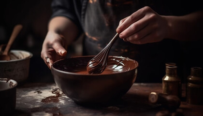 Handmade chocolate dessert preparation on rustic table generated by AI