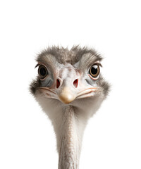 funny portrait of an ostrich looking straight into the camera,  head and neck over a transparent background, isolated design element / cut-out, generative AI - 599402489