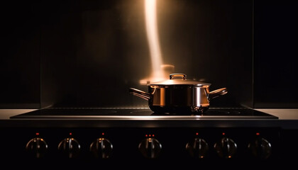 Stainless steel stove top burner heats cooking pan generated by AI