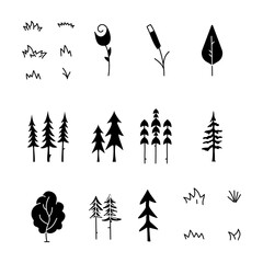 Simple silhouette tree icons collection. Line art trees. Stock linear nature symbols set