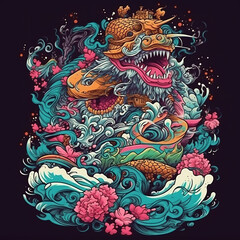 Obraz premium Oriental tattoo. Surrealism, fantasy, art, vibrant colors. Generated by AI.