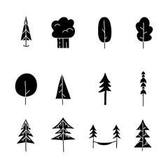 Simple silhouette tree icons collection. Line art trees. Stock linear nature symbols set for web