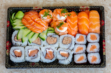 Traditional salmon sushi, typical Japanese food.