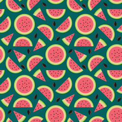 Watermelon slice with seeds seamless pattern on green background. Modern summer fresh design. Vector illustration.