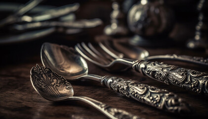 Antique silverware set on rustic wooden table generated by AI