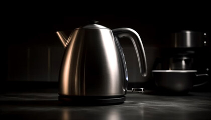 Hot liquid pours from shiny steel teapot generated by AI