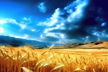 golden wheat field with a cloudy blue sky as the backdrop Generative AI