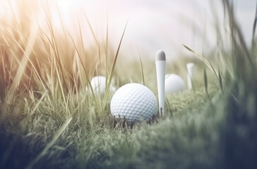 Golf ball and golf club sitting on the green field. Generative AI. 