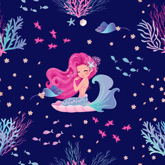 Naklejka na ściany i meble Cute mermaid with little fishes, pattern for kids fashion artwork, children books, paper, prints, greeting cards, wallpapers.