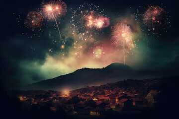 Fototapeta na wymiar Bright fireworks are burning against a black background, a dark night time frame.