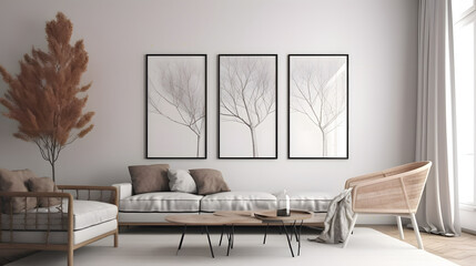 The modern Scandinavian living room boasts three picture frames, an empty wall mockup, a white room with a wooden floor, and an abundance of dry plants, creating a stylish and nature-inspired ambiance
