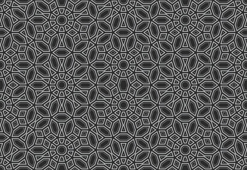 Seamless repeating pattern. Decorative floral mosaic floor. Geometric shapes with white strokes on a black background. Monochrome vector illustration for textile, wallpaper, and wrapping.